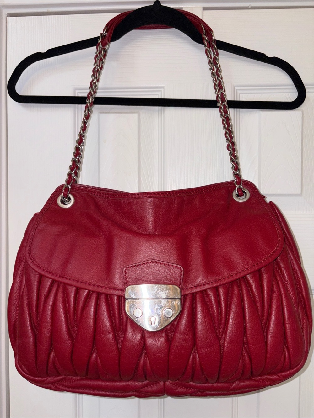 Italian Red Quilted Leather Shoulder Bag with Chain Strap